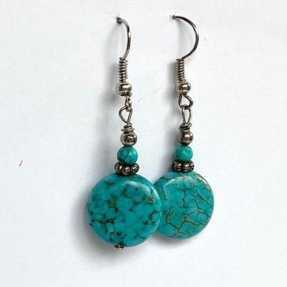 Turquoise Beaded Dangle Earrings Silver tone Boho - Picture 2 of 6